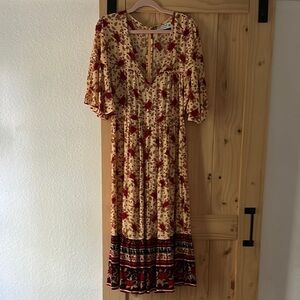 Faithful the Brand Floral Dress with Red and Cream Pattern